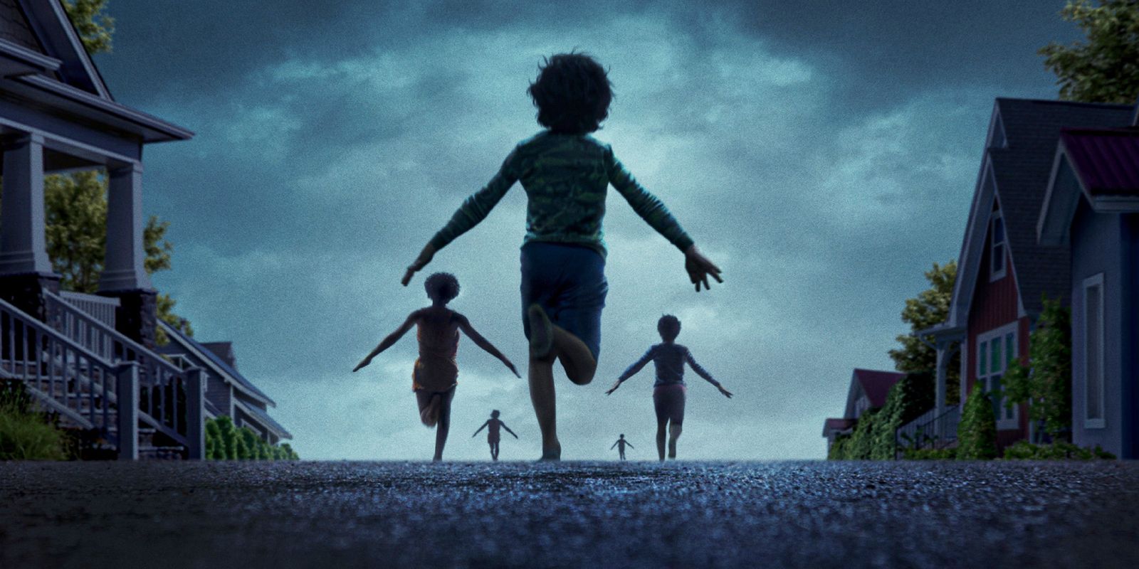 A crop of the poster for Weapons (2025), directed by Zach Cregger, showing children running with strange poses