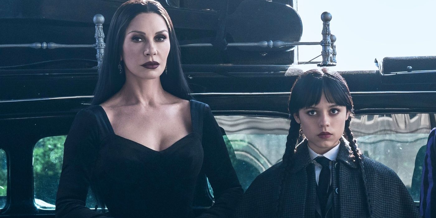 Catherina Zeta-Jones and Jenna Ortega standing side by side and facing ahead in Wednesday Season 2