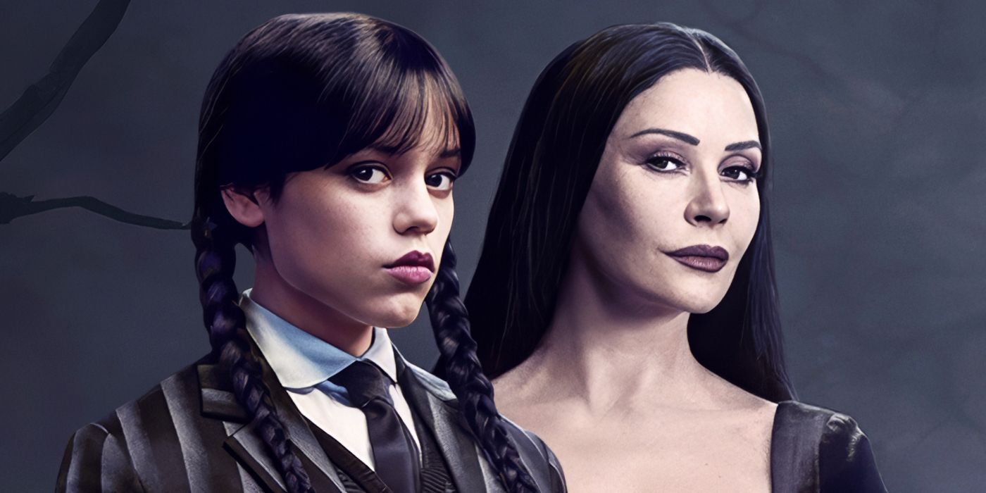 Jenna Ortega Wednesday as Addams and Catherine Zeta-Jones Morticia Addams in Wednesday Season 2 key art.