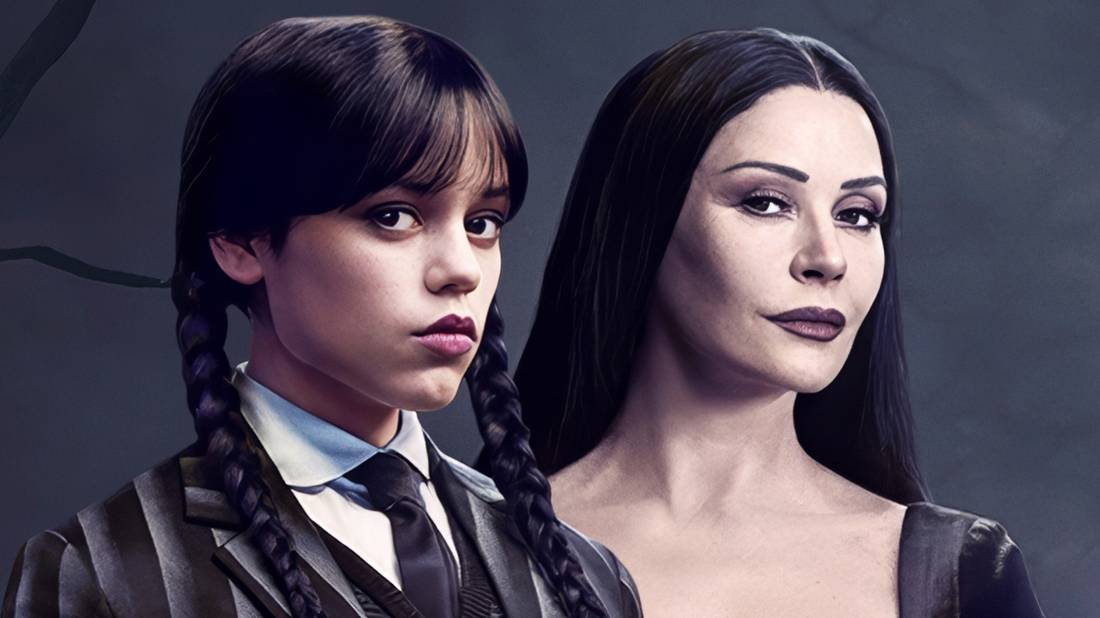 Jenna Ortega Wednesday as Addams and Catherine Zeta-Jones Morticia Addams in Wednesday Season 2
