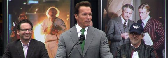 Arnold Schwarzenegger, Steven Spielberg, Universal Studios President Ron Meyer slice universal