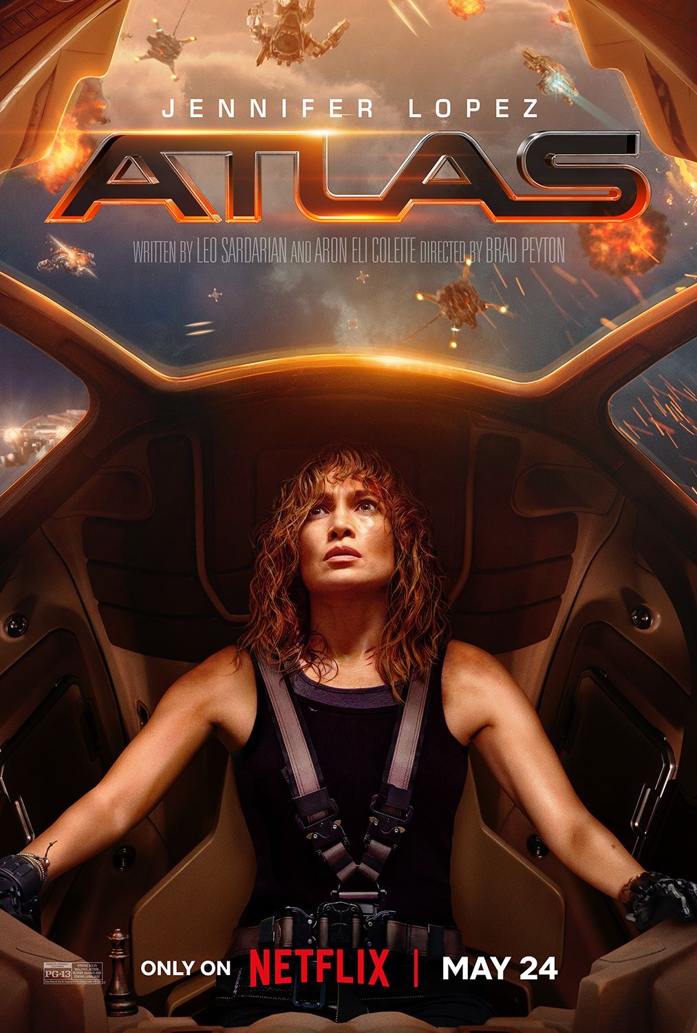 Atlas Movie Poster Showing Jennifer Lopez Looking up Into the Sky Flying a Spaceship