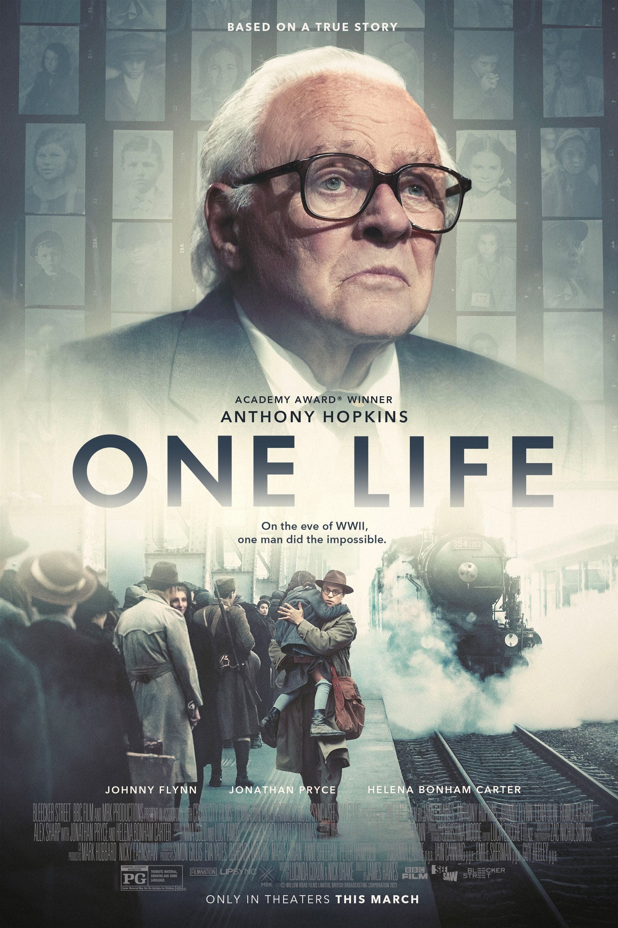 One Life Poster Featuring Anthony Hopkins and a Man Carrying a Child Alongside a Train
