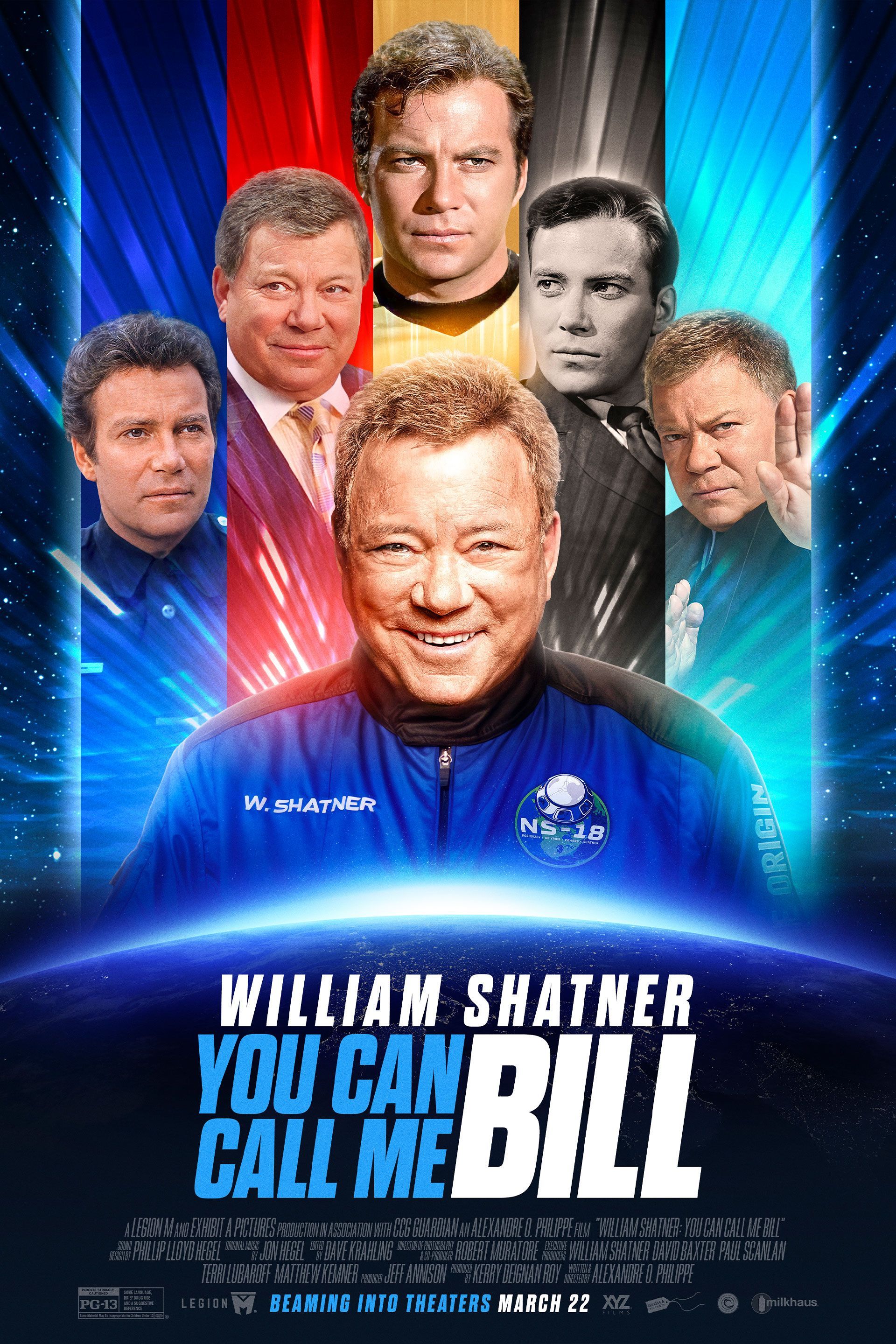 You Can Call Me Bill Movie Poster Showing William Shatner in a Space Suit and as Various Characters Including Captain Kirk from Star Trek