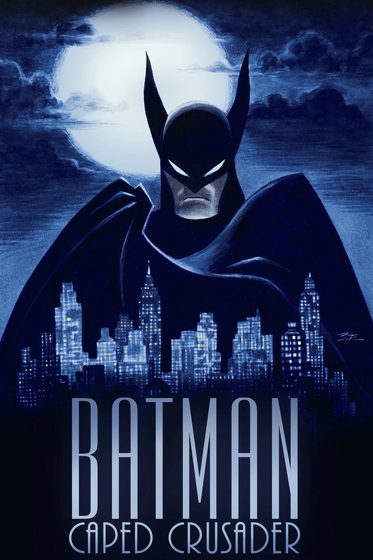 Batman Crusader in cape poster showing Batman in front of the moon floating over Gotham City.jpeg