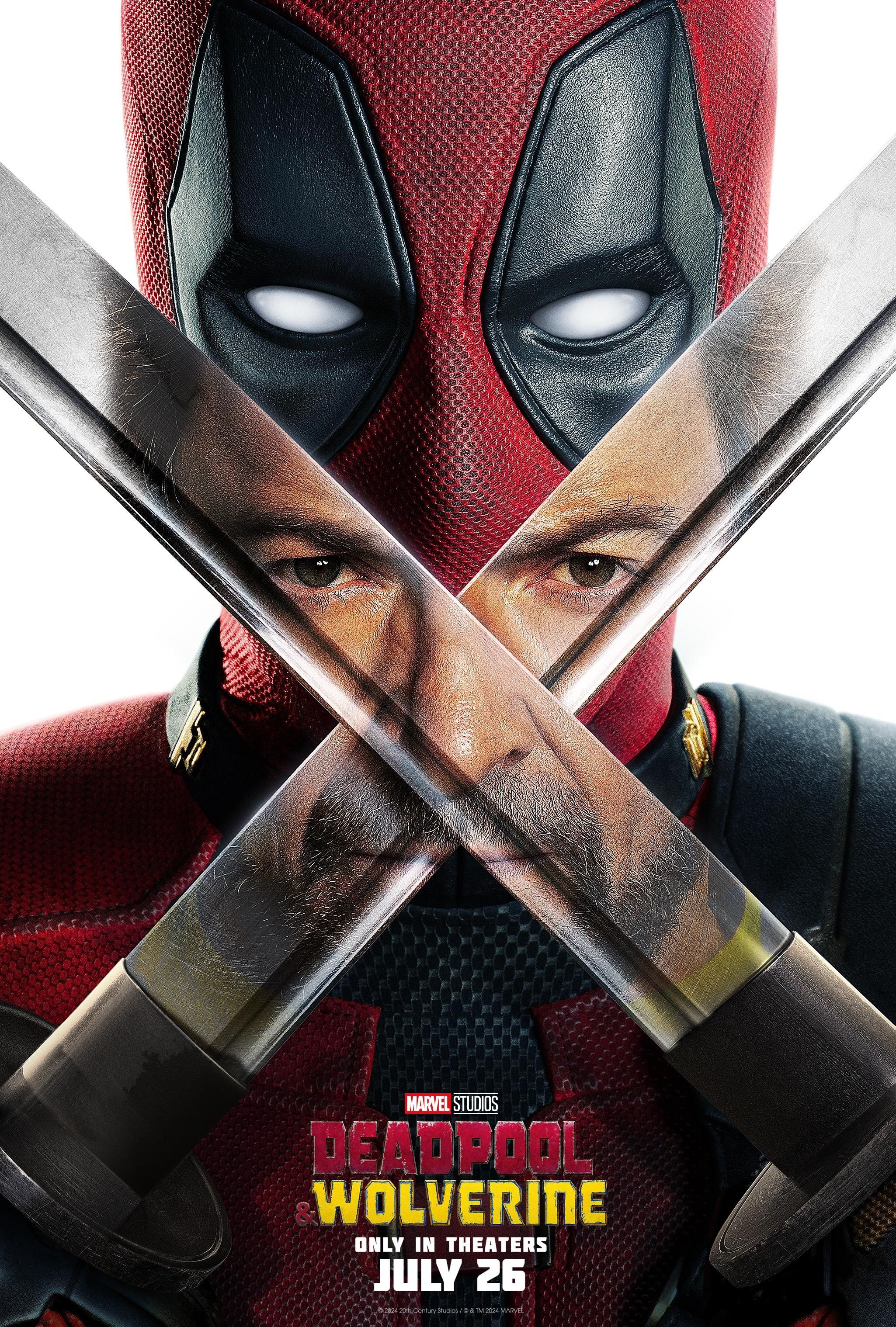 Póster de Deadpool y Wolverine que muestra la espada de Wade Wilson y el reflejo de Hugh Jackman.jpg