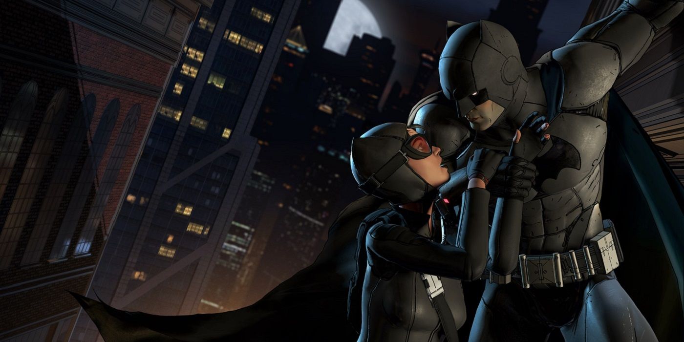 Batman and Catwoman about to kiss