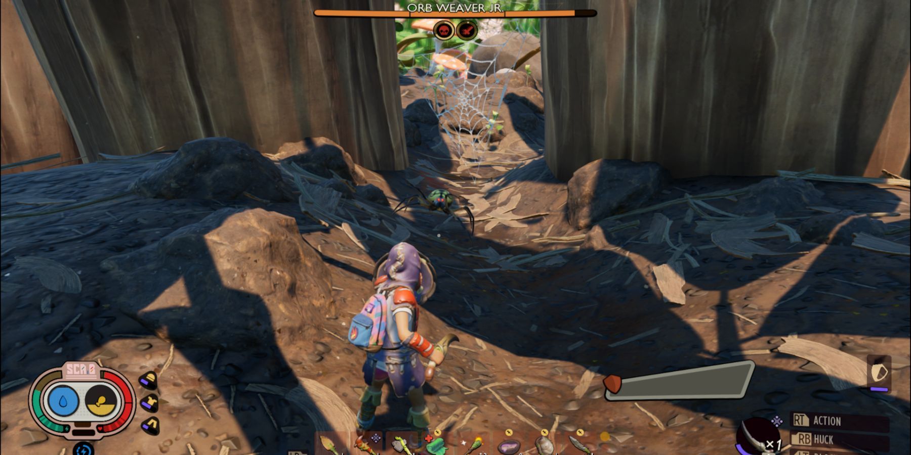 A figure facing a fence with spider webs in the game Grounded