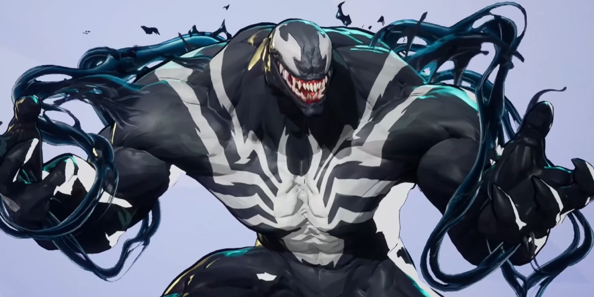 The creature Venom smiles menacingly with black swirls of energy around it in Marvel Rivals.